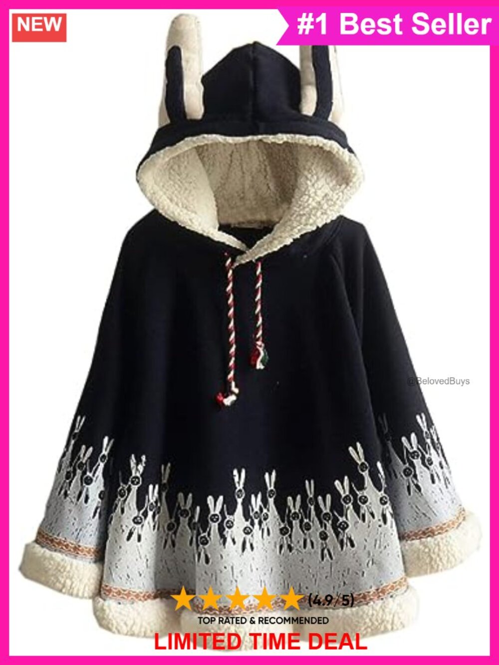 Fleece Lined Hooded Cape Poncho Cloak Coat Pullover Batwing Sleeve